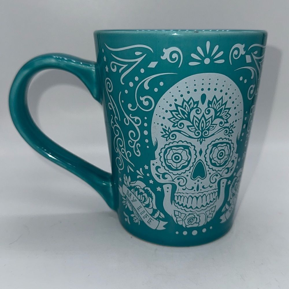 Fisher Sugar Skull Coffee Mug Stoneware Cup Day of the Dead Teal
